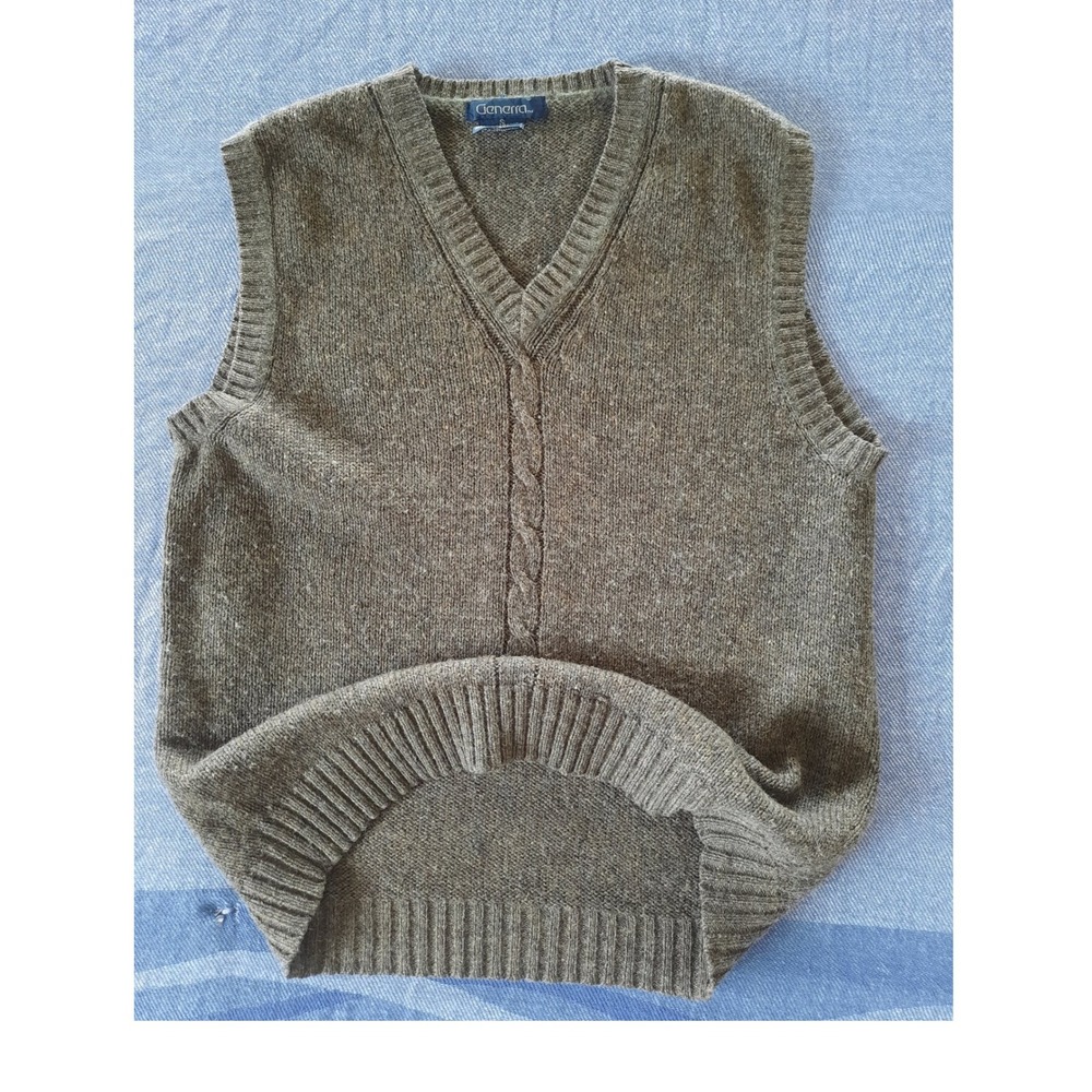 Generra Vintage Men Sweater Vest Brown Olive V-Neck Cable Knit Wool Blend Small